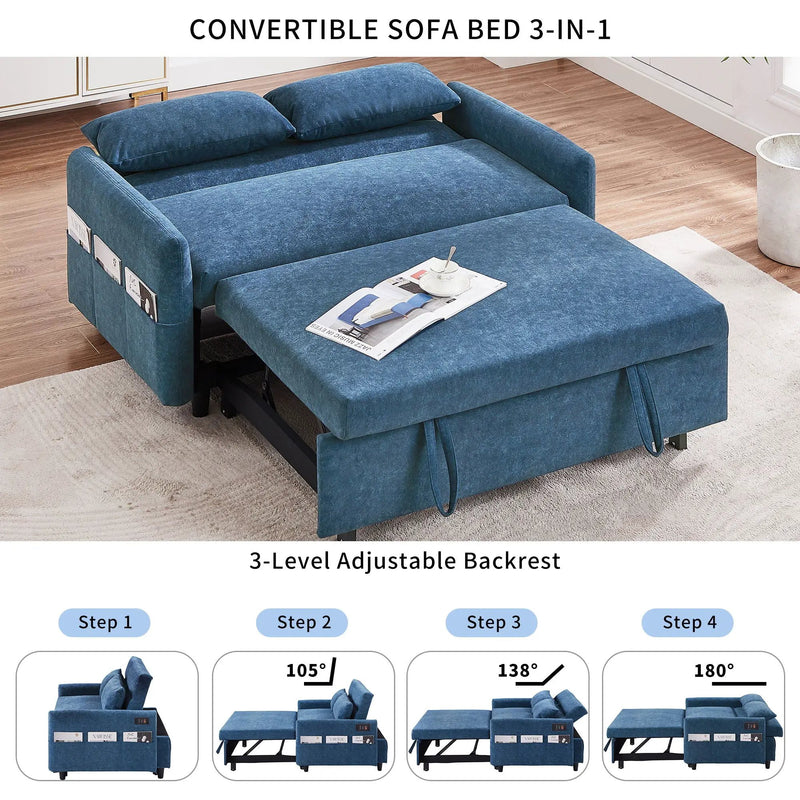 Pull Out Sleep Sofa Bed Loveseats Sofa Couch With Adjsutable Backrest, Storage Pockets, 2 Soft Pillows, USB Ports For Living Room, Bedroom, Apartment, Office by Unique Piece Furniture