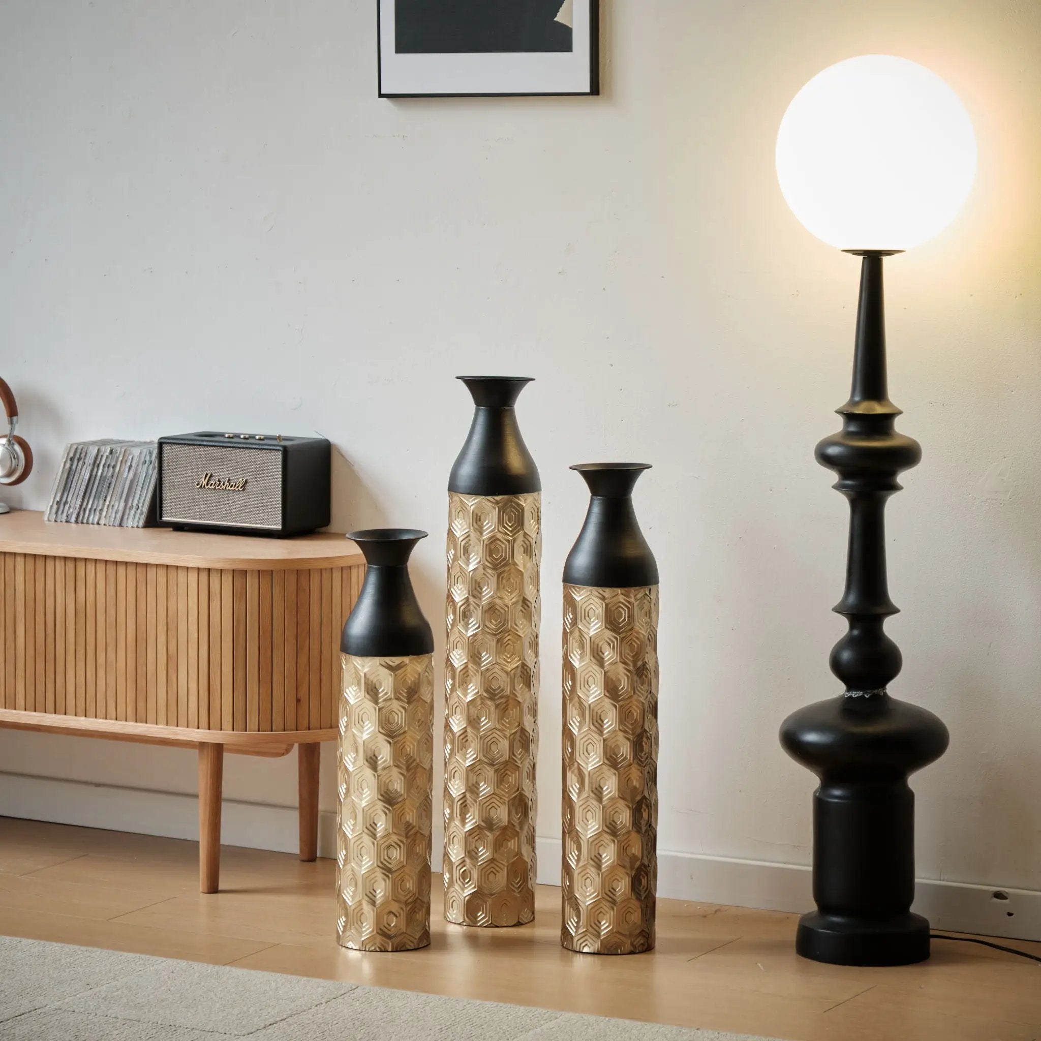 Floor Metal Vases (Set of 3) Gorgeous Home Decoration Large Glazed Metal Vases - Black / Gold by Unique Piece Furniture