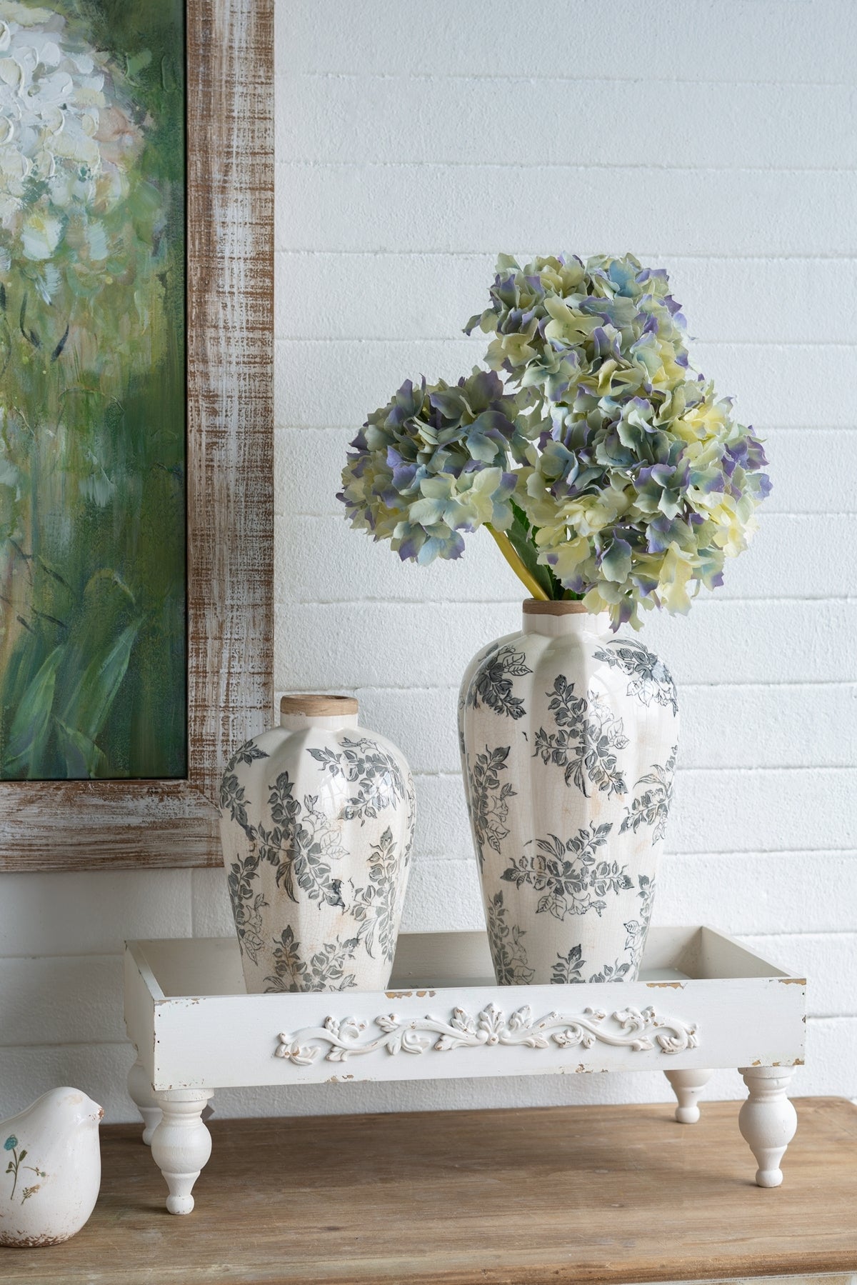 6.7x6.7x11.6' White Ceramic Accent Vase with Gray Floral Design by HouseOfZazla