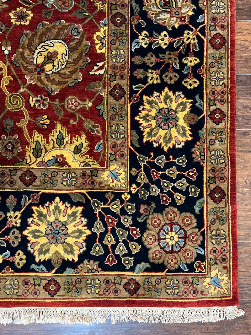 Indo Persian Rug 9x12, Hand Knotted Traditional Indian Wool Oriental Carpet 9 x 12 ft, Maroon and Navy Blue, Floral Allover 9x12 Vintage Rug by Jewel Rugs