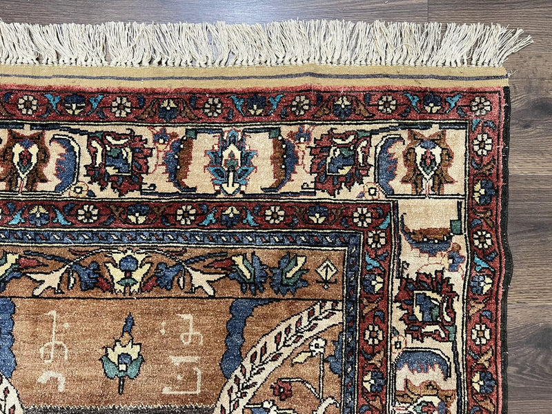 Unique Afghan Silk Rug 4x6, Hunting Pattern Animal Motifs, Light Brown and Cream, Persian Handwritten Poetry, Fine 1940s Oriental Carpet Wow by Jewel Rugs