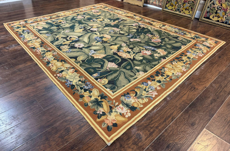 Needlepoint Rug 8x10, Vintage, Handmade, Wool, Green, Leaves & Fruits by Jewel Rugs