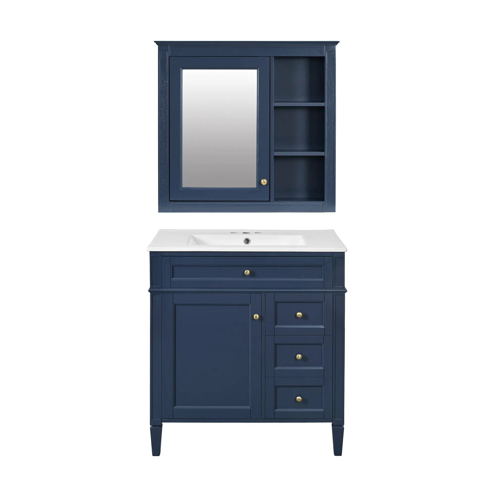 Bathroom Vanity With Top Sink, 2 Doors And 3 Drawers, Freestanding Set With Mirror Cabinet by Unique Piece Furniture