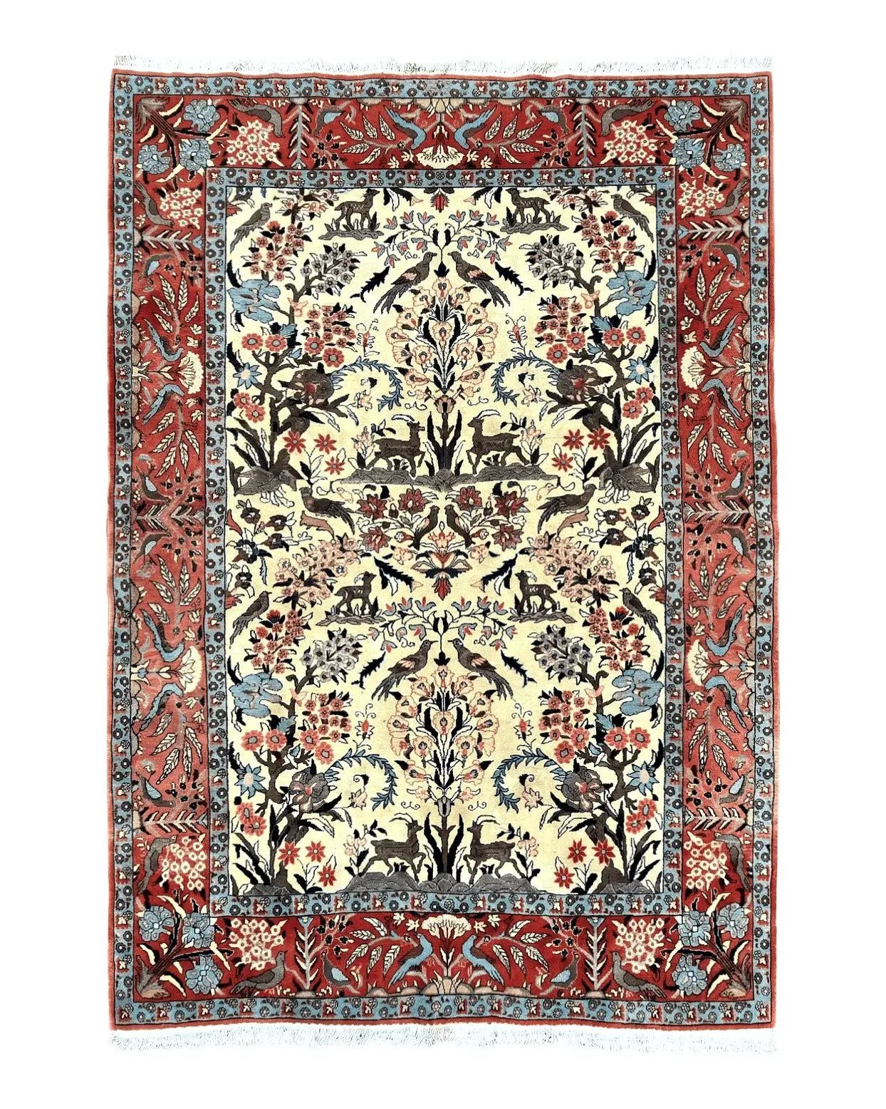 Persian Tree of Life 5x7, Qum Rug, Animal Motifs, Deer Birds, Fine 225 KPSI, Semi Antique Wool Rug, Cream Red by Jewel Rugs