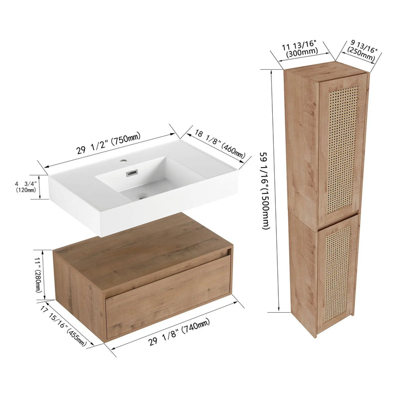 Modern Imitative Wall Mounted Bathroom Vanity With Resin Sink & 2 Side Cabinet, Soft Close Drawer - Imitative Oak by HouseOfZazla