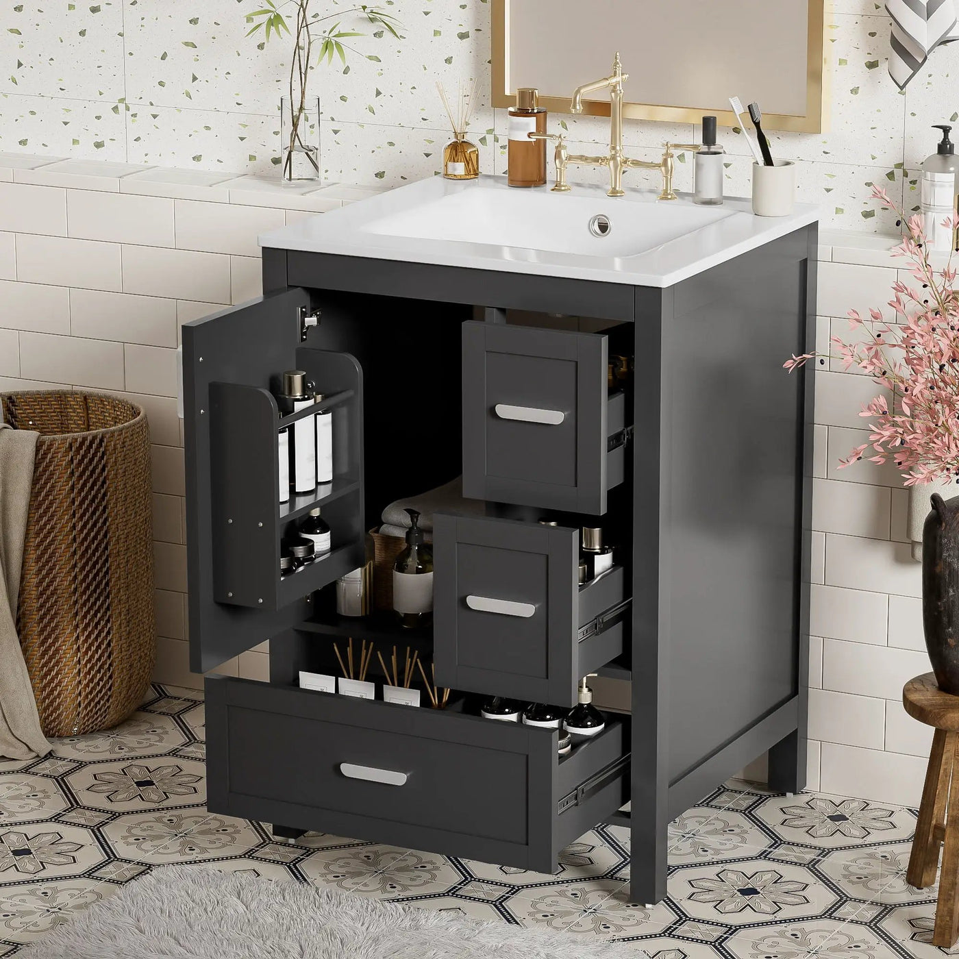 Bathroom Vanity With Sink, Soft-Close Doors, Double-Layer Shelf And 3 Drawers by Unique Piece Furniture