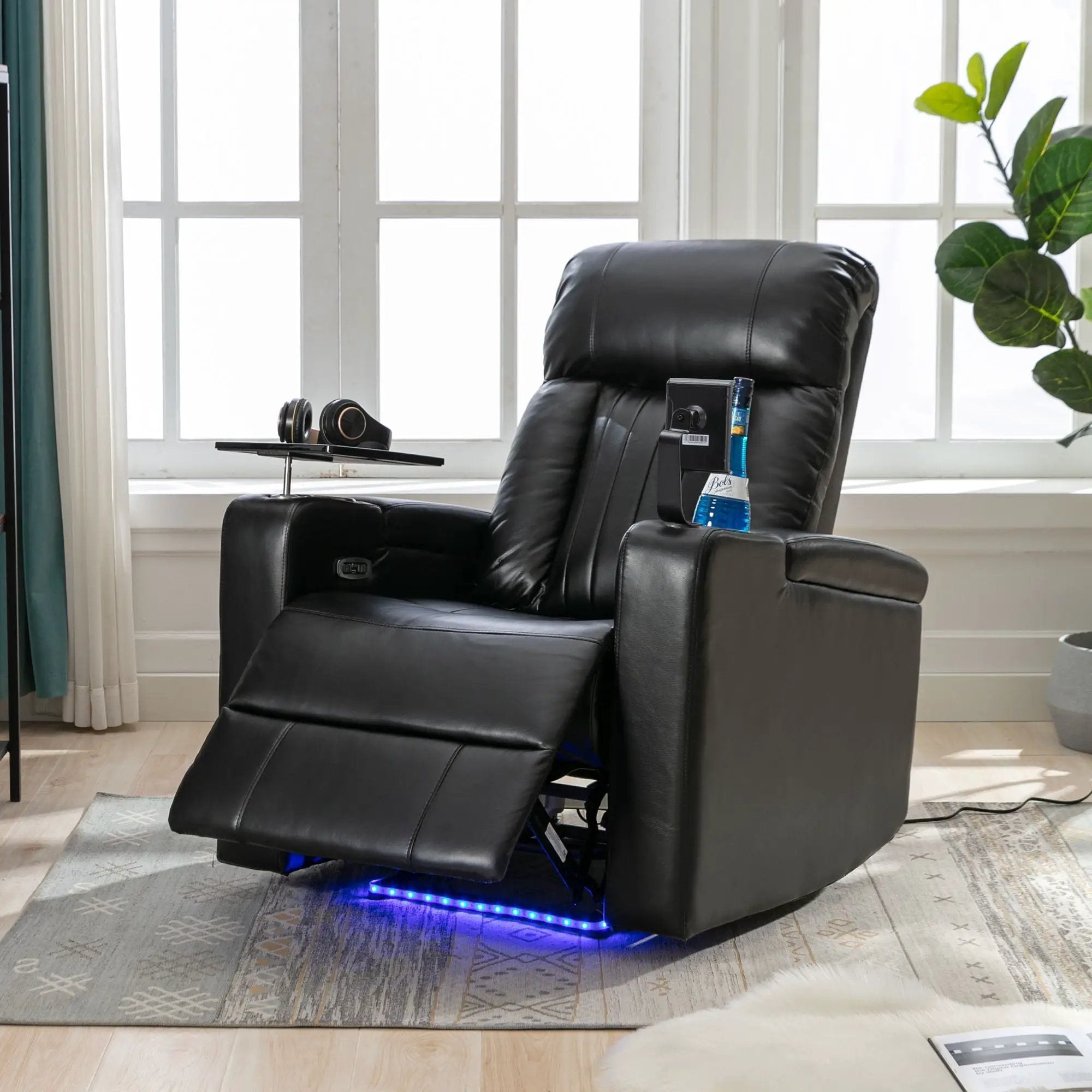 Premium Power Recliner & Storage Arms, Cupholders, Swivel Tray Table And Cell Phone Stand - Black by HouseOfZazla