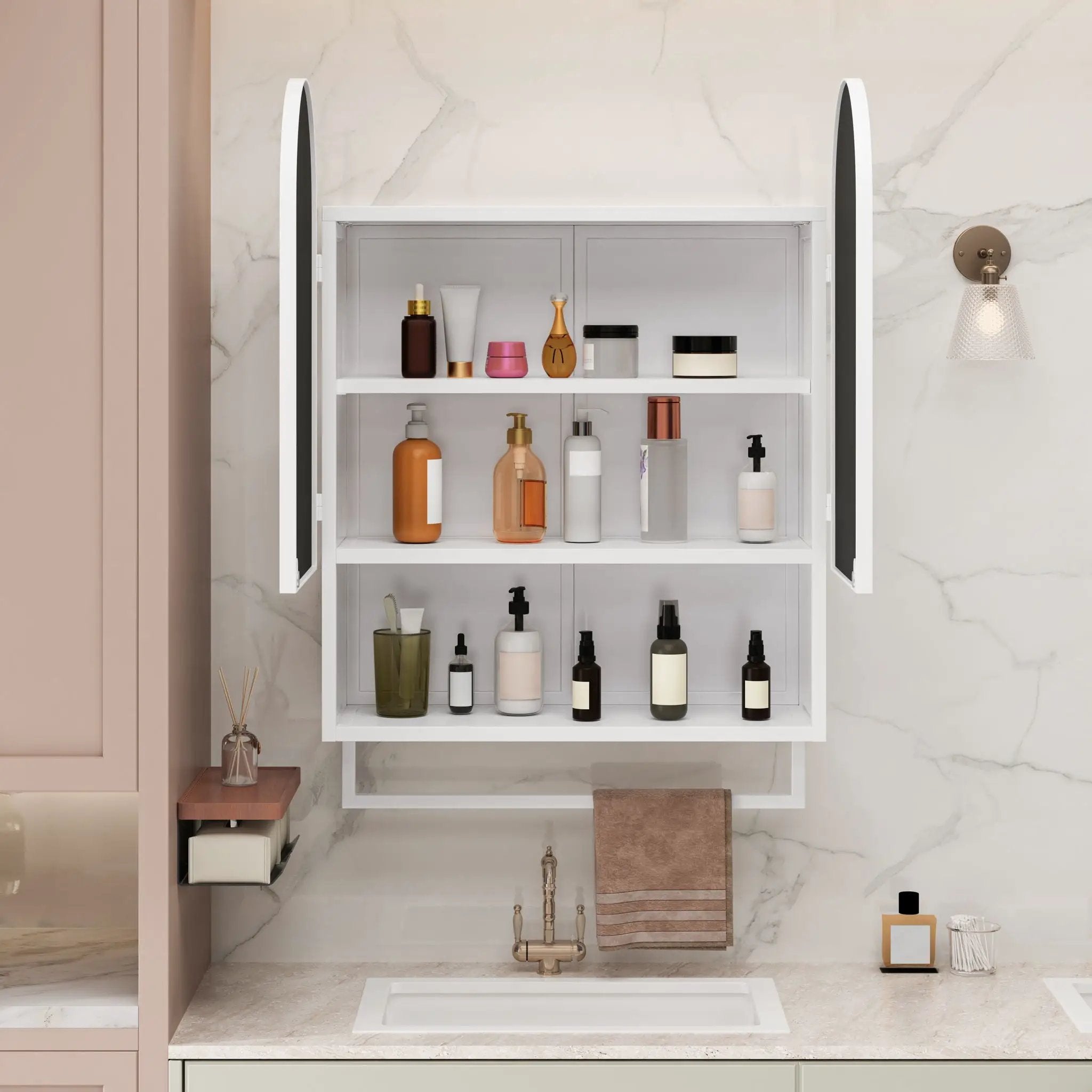 Double Arched Mirror Wall Cabinet With 2 Doors, Featuring Adjustable Shelves And Towel Rack by Unique Piece Furniture
