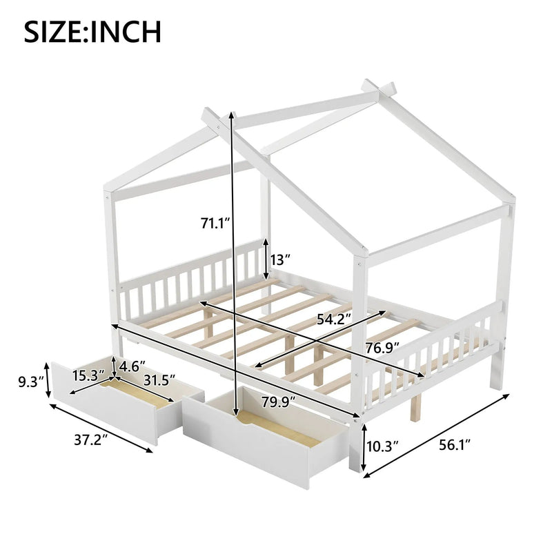 House Style Platform Bed With Headboard, Footboard, 2 Drawers, And Roof Design by Unique Piece Furniture