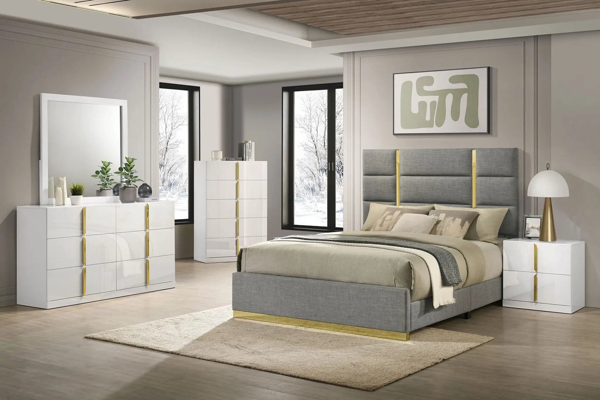 Ines 5-piece Eastern King Bedroom Set Grey and White High Gloss by Unique Piece Furniture