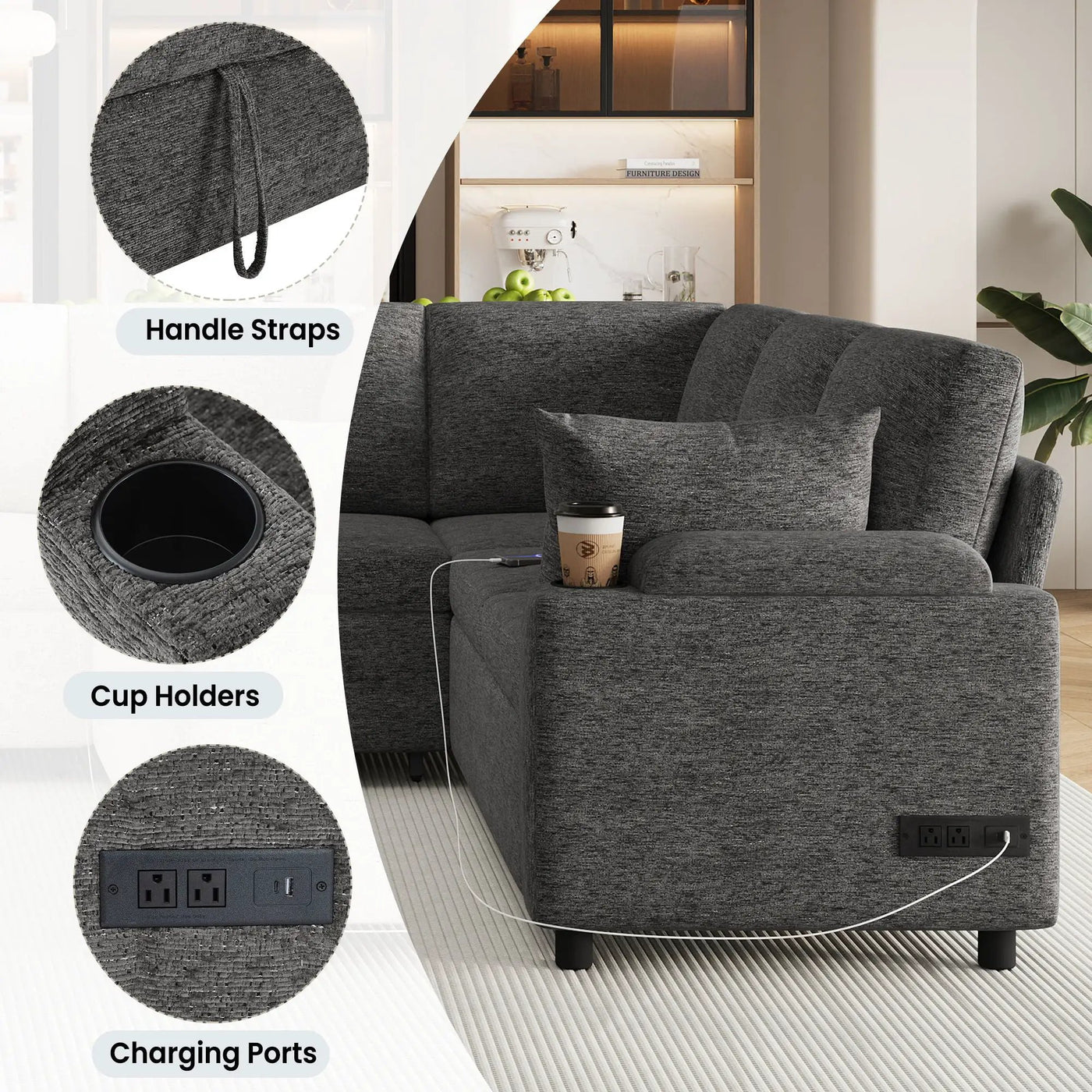 U-Shaped Sectional Sleeper Sofa With Ample Storage Space, 2 Cup Holders And Charging Ports For Living Room by Unique Piece Furniture