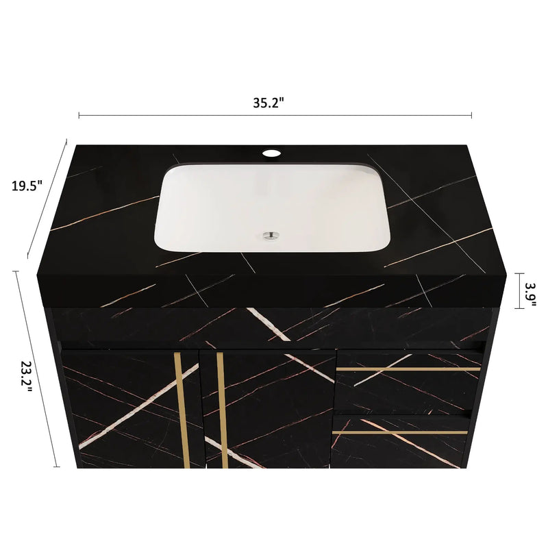 35.2 in Floating Bathroom Vanity with Sink and Faux Marble Top by HouseOfZazla