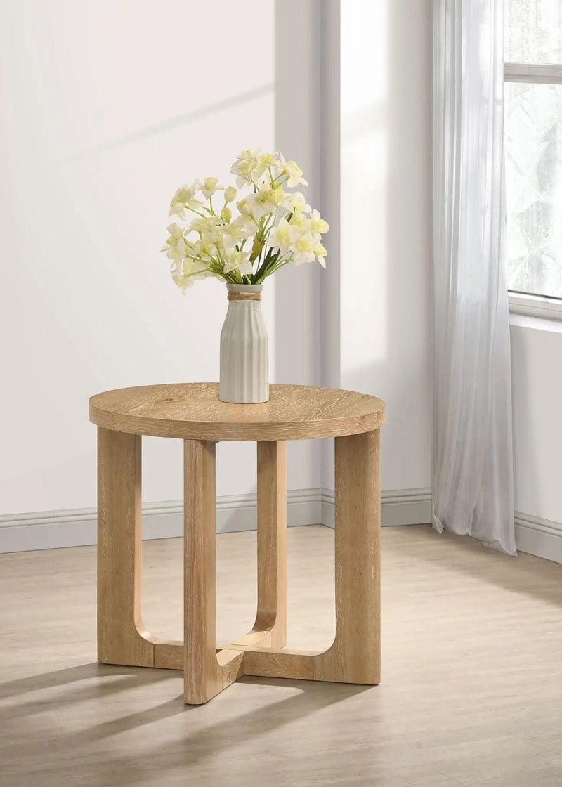 Kessler Round Sculptural Wood End Table Light Oak by Unique Piece Furniture