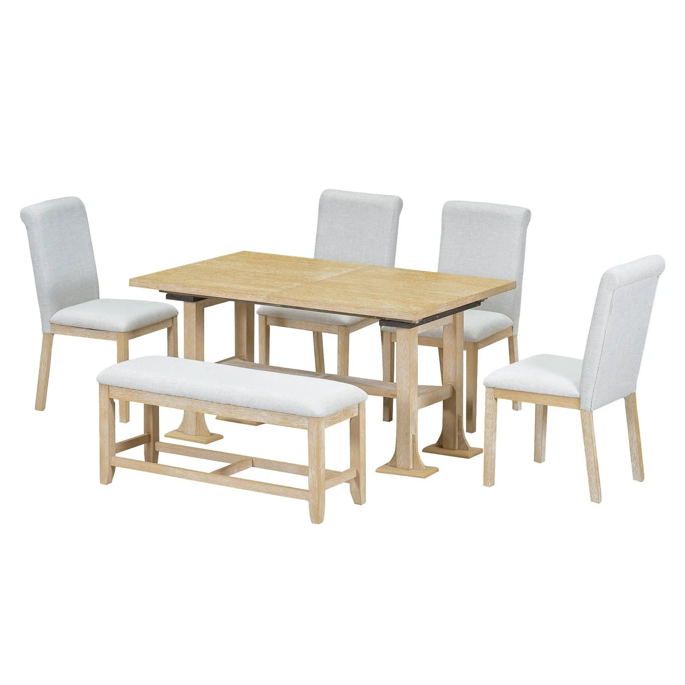 Topmax - 6 Piece Farmhouse Extendable Dining Table Set Trestle Kitchen Table Set With Removable Leaf And Upholstered Dining Chair And Bench For Dining Room by Unique Piece Furniture
