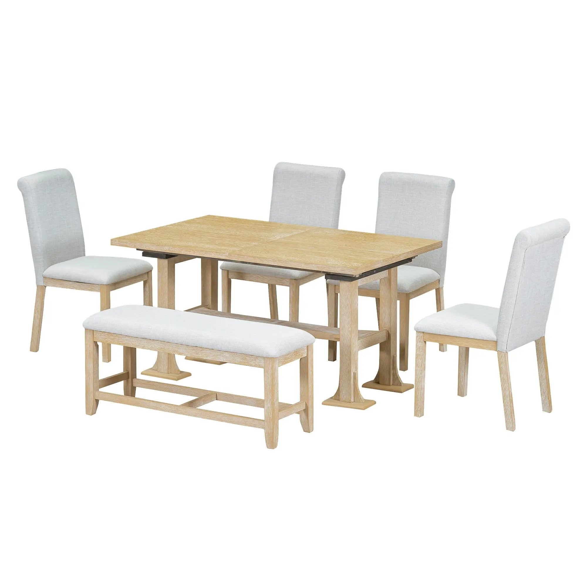 Topmax - 6 Piece Farmhouse Extendable Dining Table Set Trestle Kitchen Table Set With Removable Leaf And Upholstered Dining Chair And Bench For Dining Room by HouseOfZazla