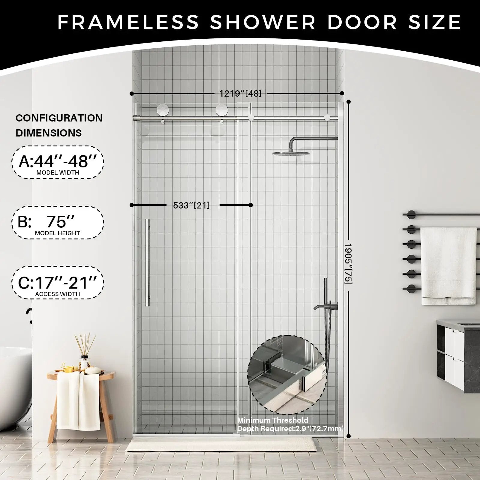 Frameless Sliding Shower Door, 44-48 in W x 75 in H by HouseOfZazla
