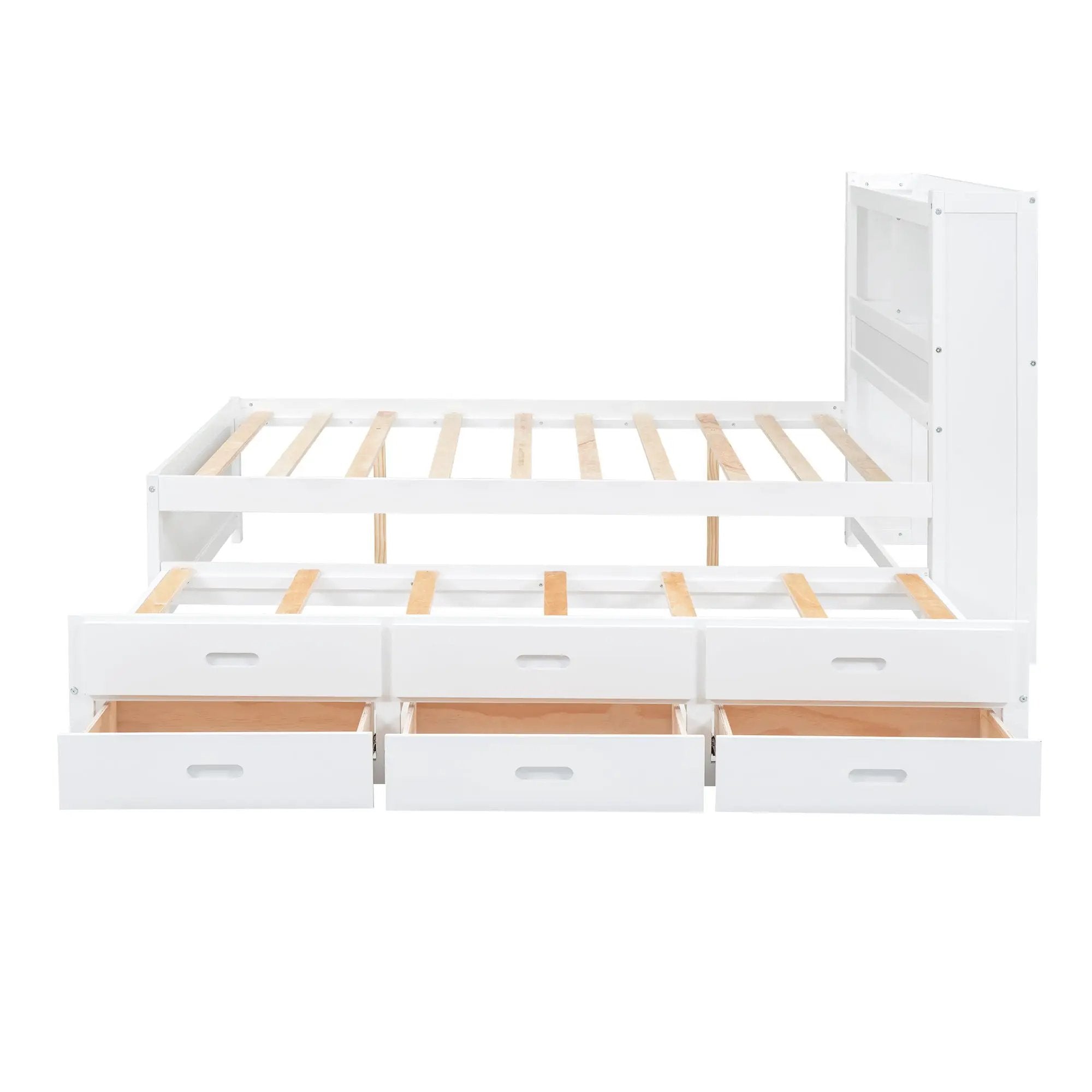 Full Size Platform Bed With Trundle, Drawers, USB Ports And Built In Shelves - White by HouseOfZazla
