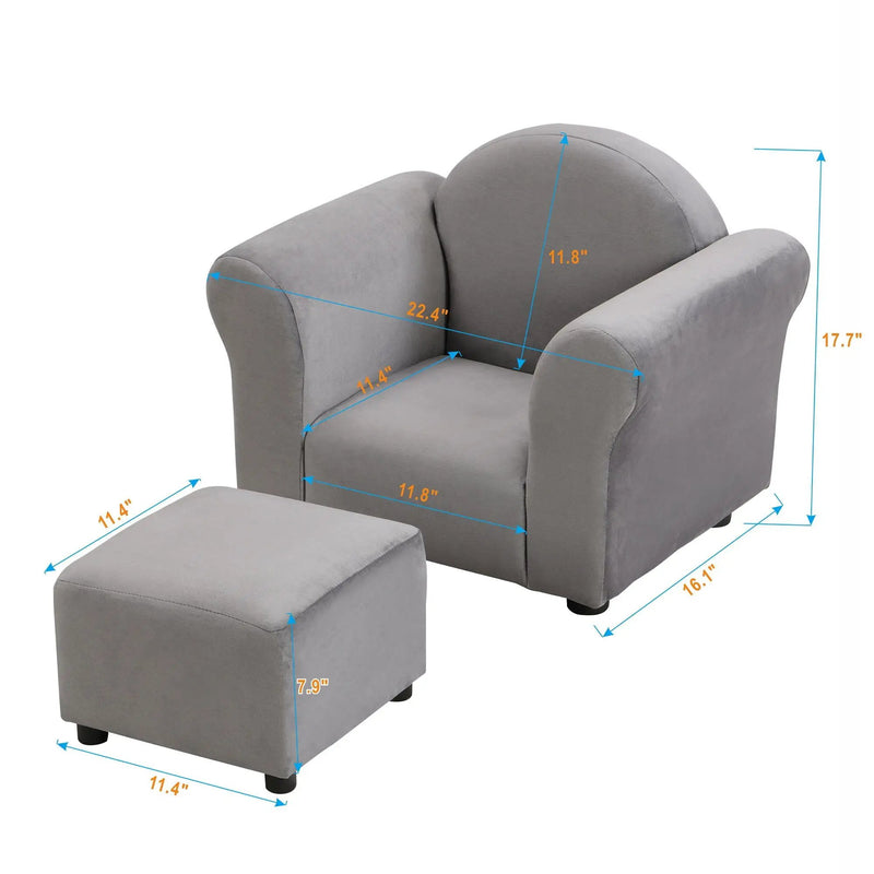 Kids Velvet Upholstered Chair With Ottoman For Comfortable Seating - Gray by HouseOfZazla