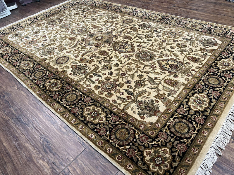 Indo Mahal Rug 6x9, Indian Floral Carpet 6 x 9, Beige and Black, Allover Design, Living Room Rug, Bedroom Rug, Traditional Rug, Vintage Rug by Jewel Rugs