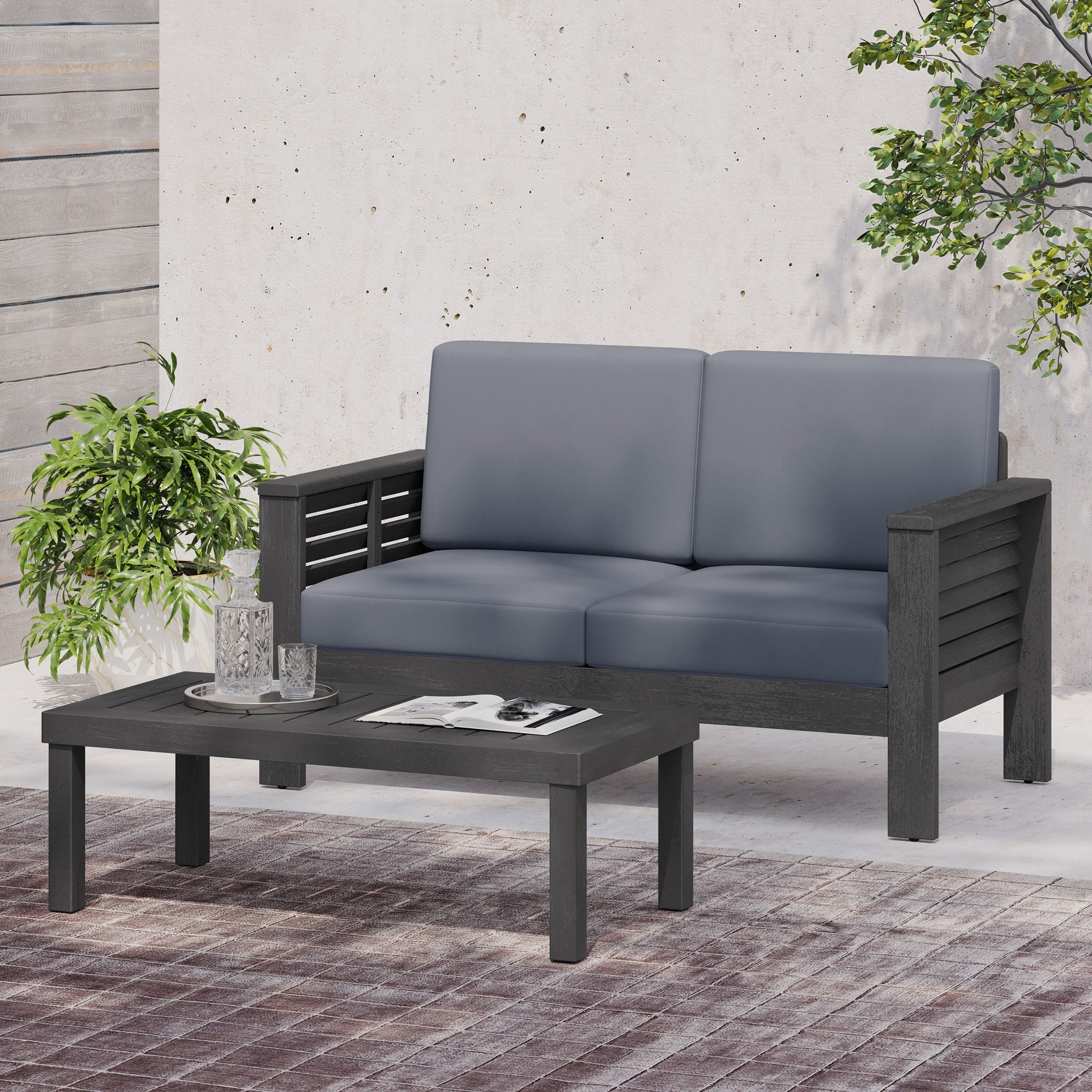 Acacia Wood Loveseat And Coffee Table Set With Cushions by HouseOfZazla