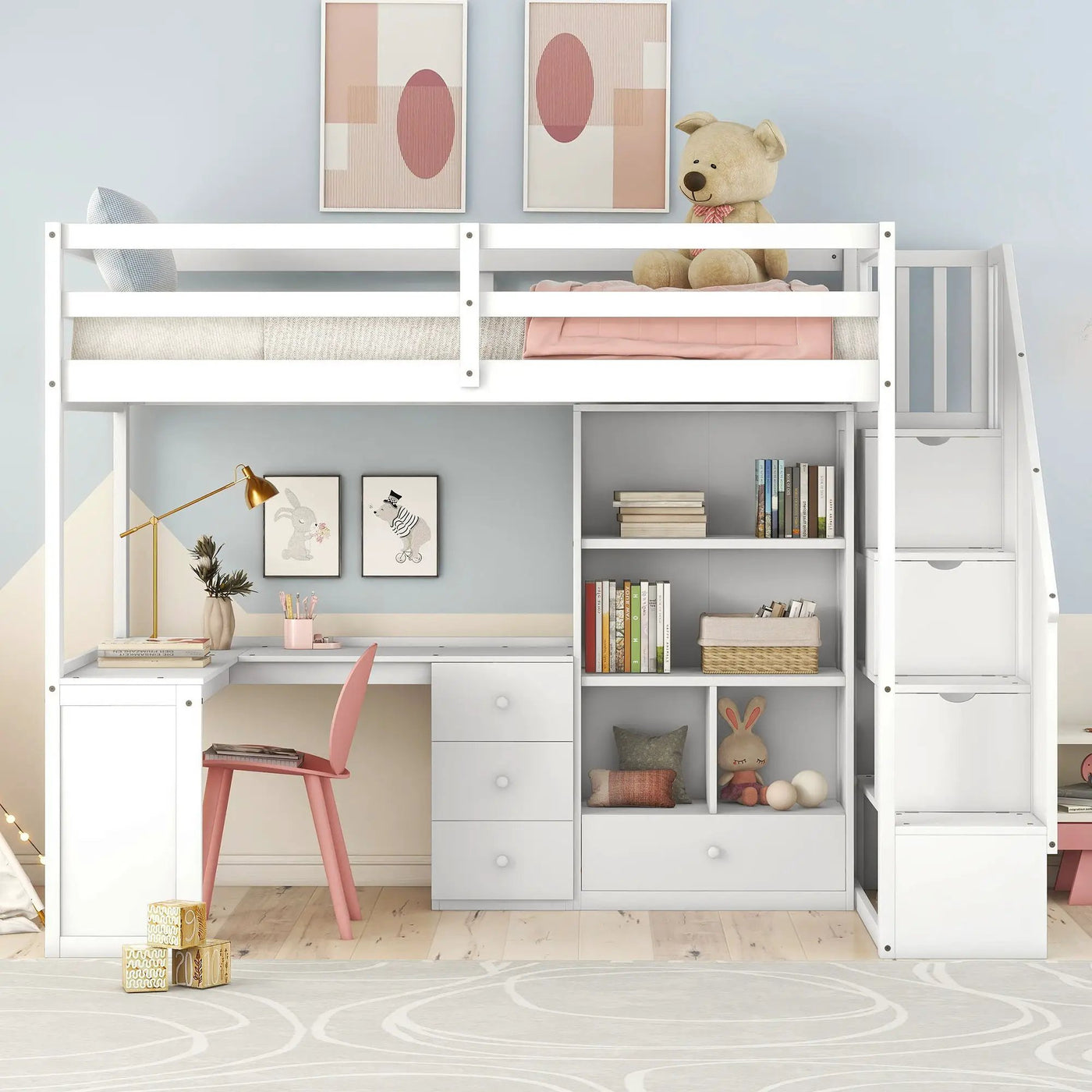 Loft Bed With L Shaped Desk, Drawers, Cabinet, And Storage Staircase by HouseOfZazla