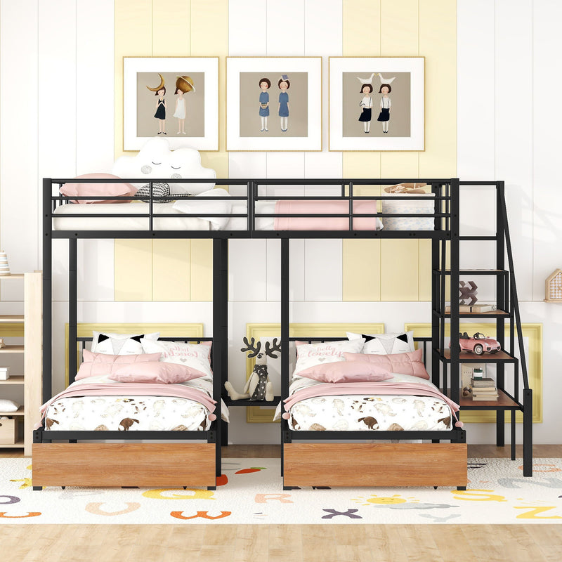 Full Over Twin-Twin Triple Bunk Bed With Drawers And Staircase - Black by HouseOfZazla