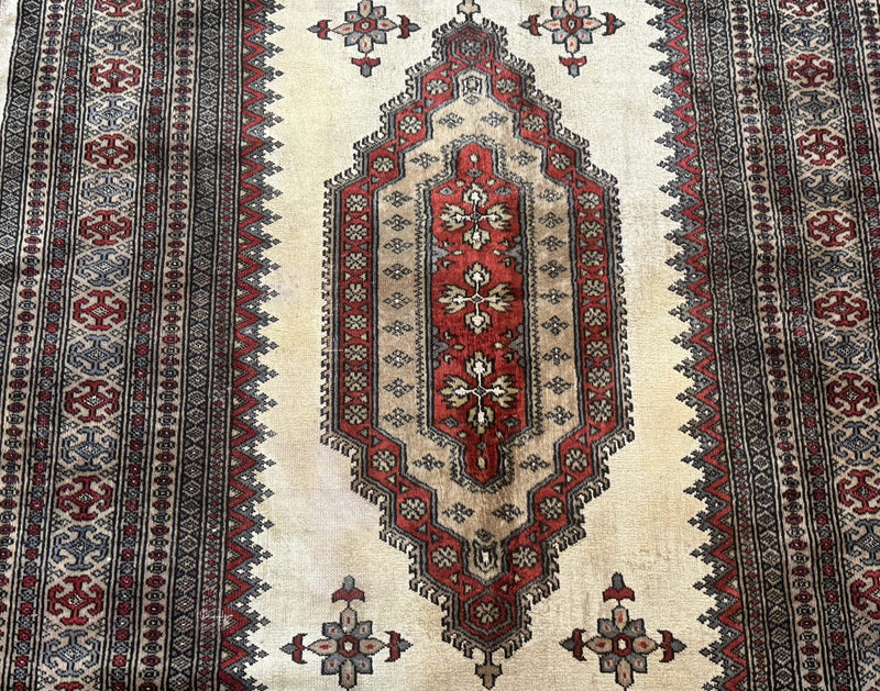 Pakistani Turkoman Rug 4x6, Semi Open Field, Ivory, Vintage by Jewel Rugs