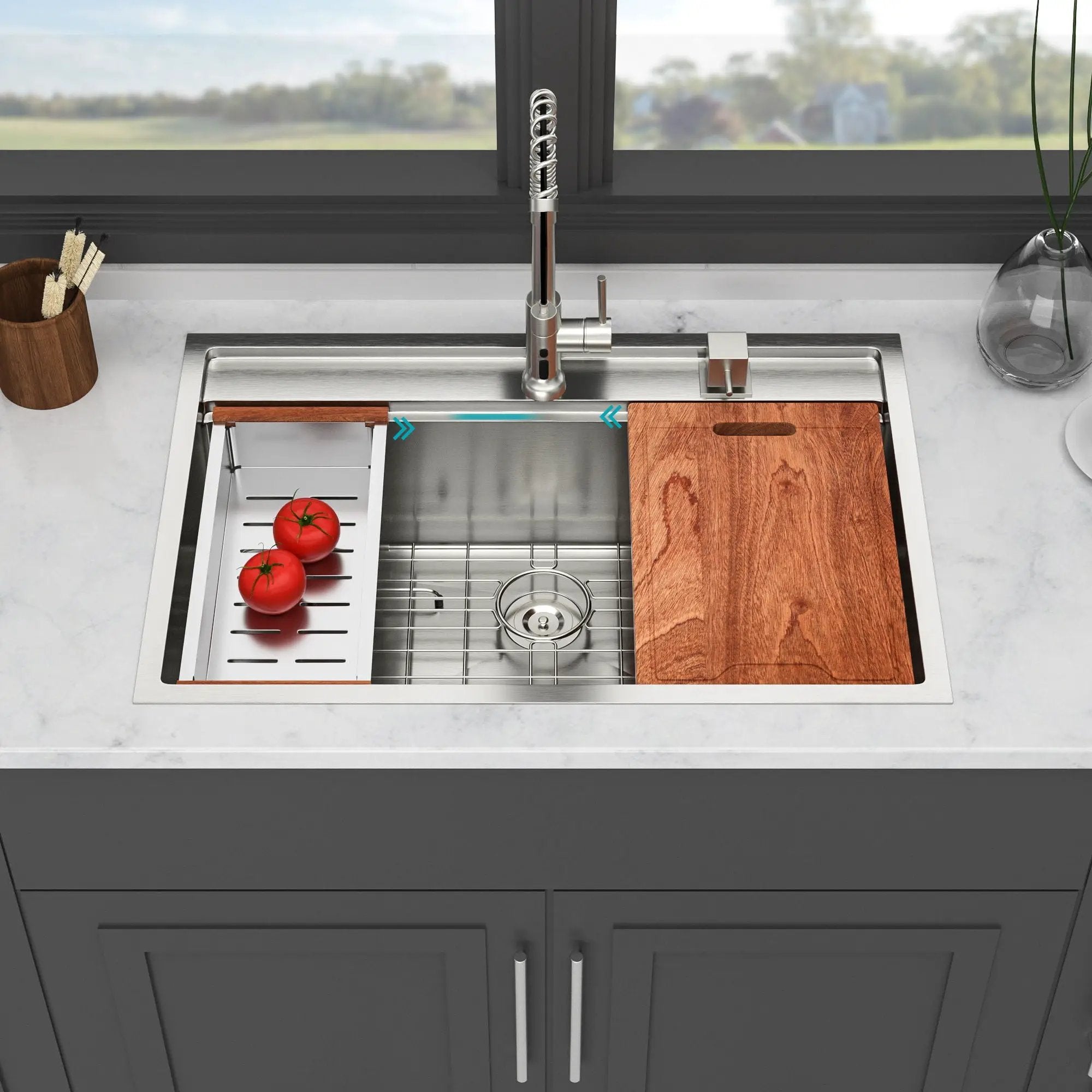 33" Drop In Kitchen Sink With Workstation, 16 Gauge Stainless Steel - Brushed Nickel by HouseOfZazla