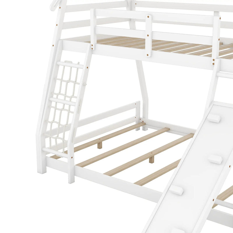 Twin Over Queen House Bunk Bed With Climbing Nets And Climbing Ramp