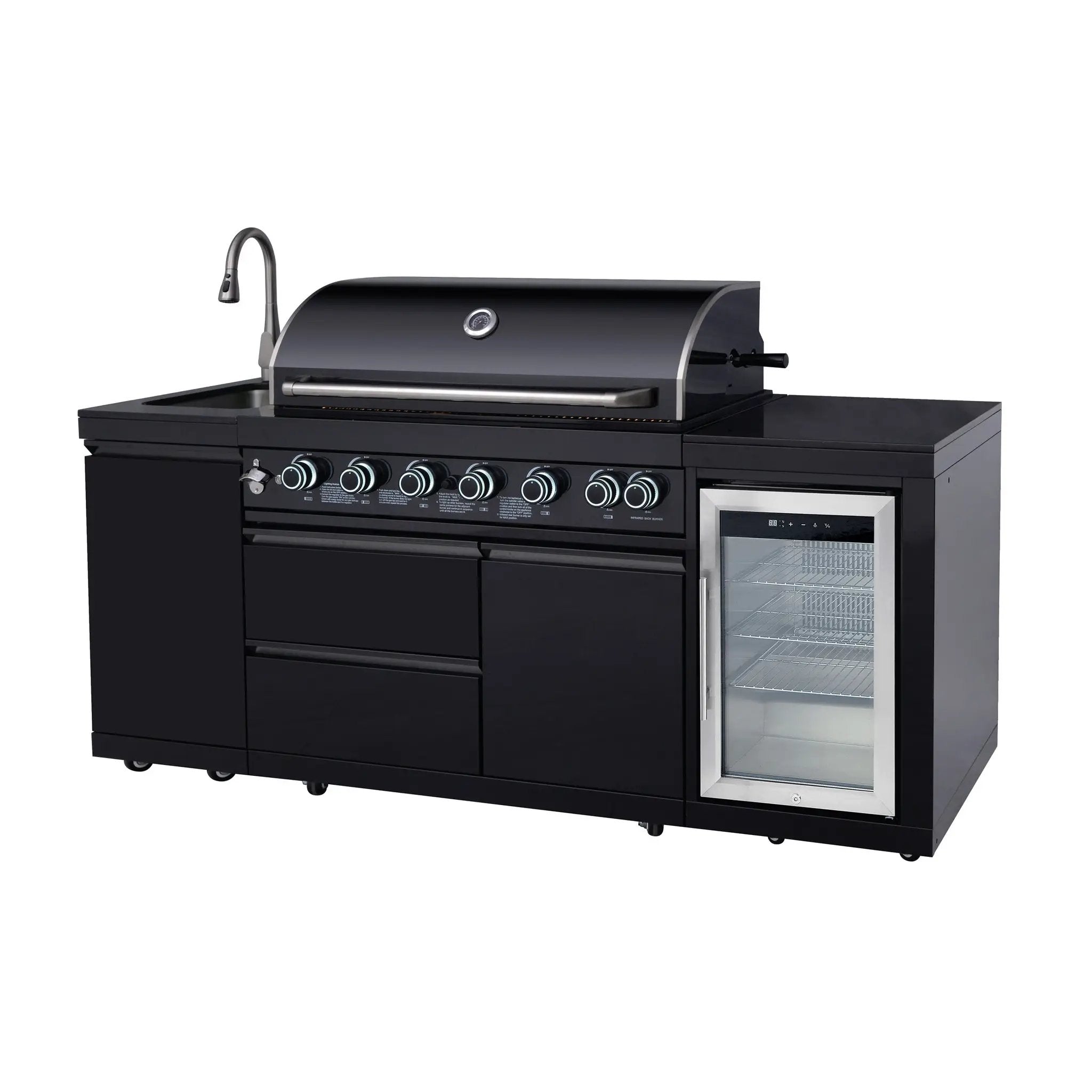 82.5" 6-Burner 83,500 BTU Black Outdoor Kitchen Island Grill Sink + Refrigerator by Chery Industrial