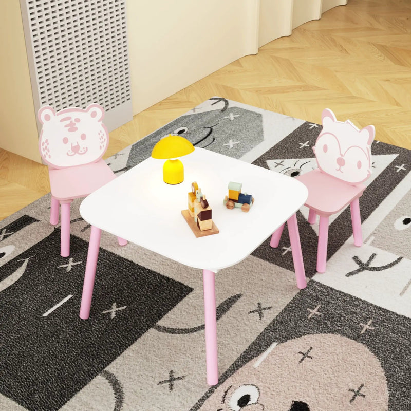 Table And Chair Set, 3 Piece Wooden Toddler Desk With Animal Backrest - Pink / White by Unique Piece Furniture