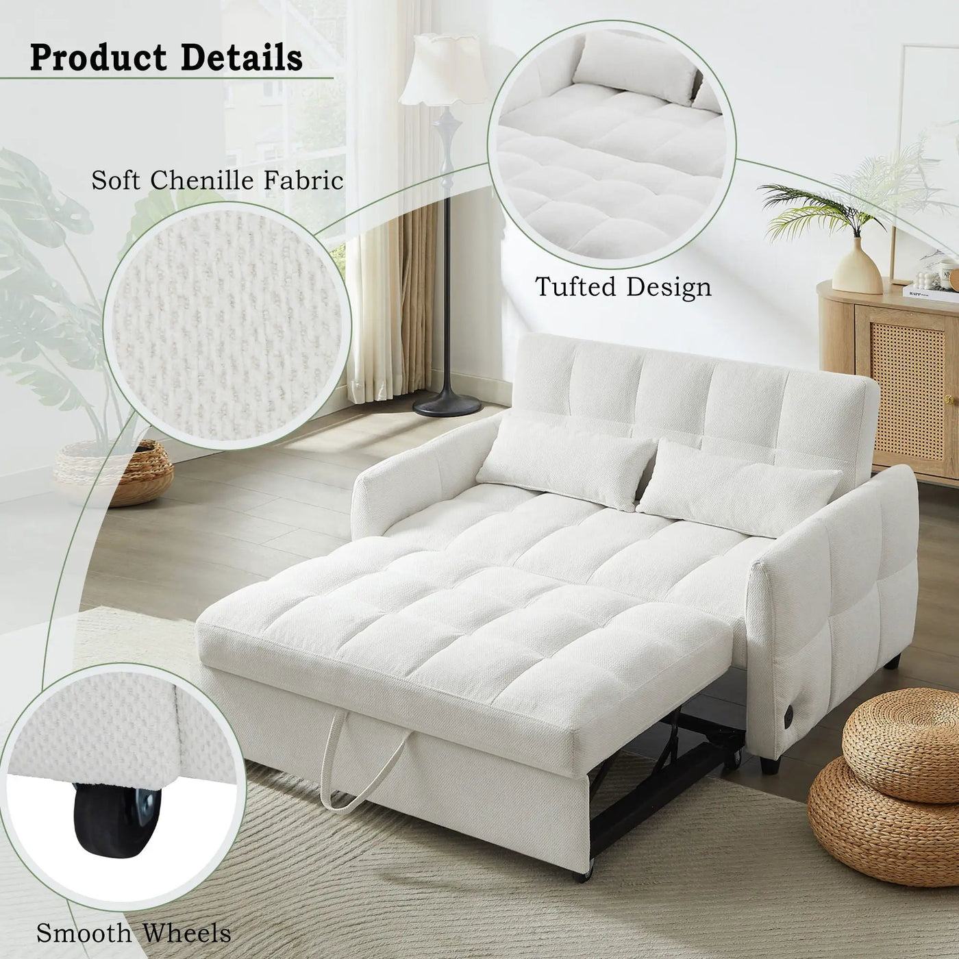 Loveseat Sofa Pull-Out Bed With Adjustable Backrest, 3 USB Ports And 2 Lumbar Pillows For Living Room by Unique Piece Furniture