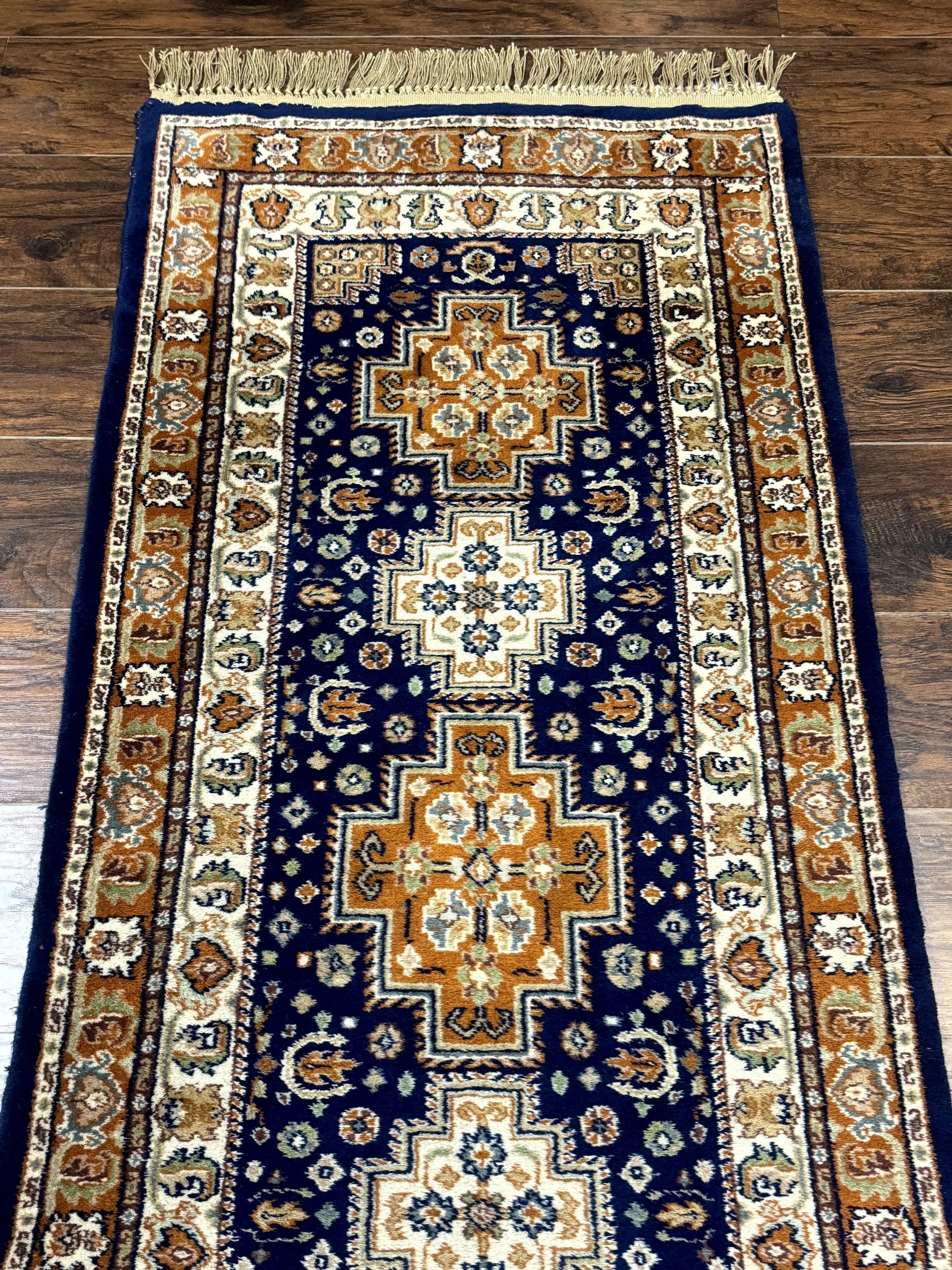 Indo Persian Runner Rug 2.6 x 12.7, Indian Kashmiri Runner for Hallway or Kitchen, Navy Blue, Geometric Medallions, Handmade Wool by Jewel Rugs