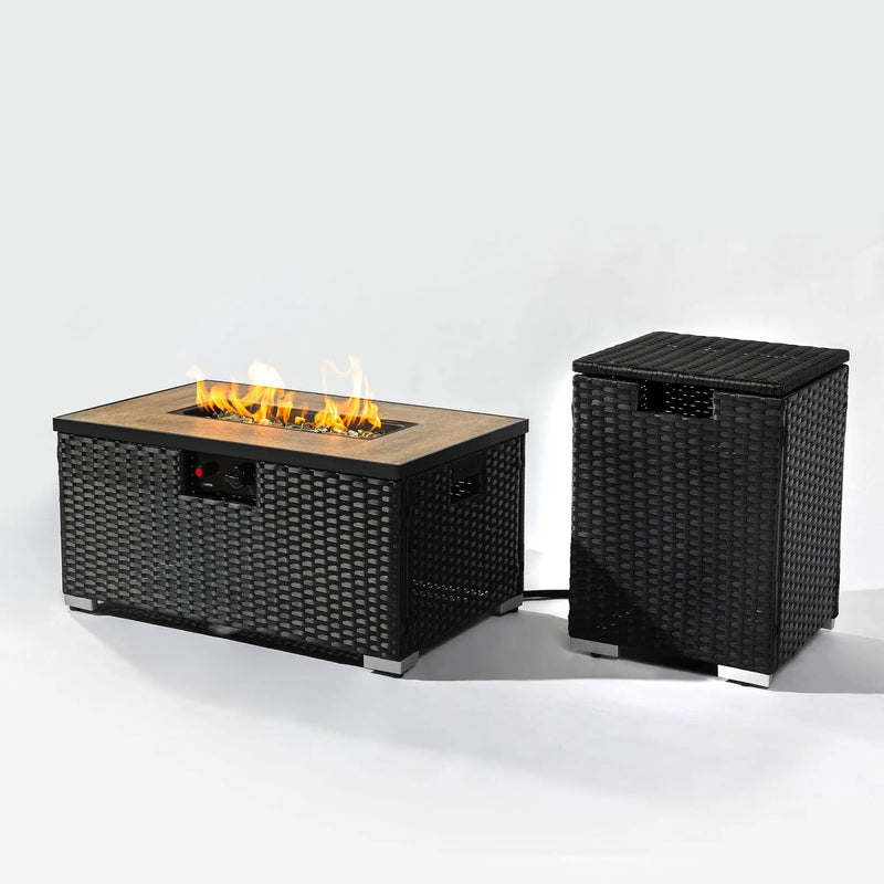 32" Propane Gas Fire Pit Table With Propane Tank Cover, 50000 Btu Rectangular Steel Fire Pit With Beautiful Wicker Base by HouseOfZazla