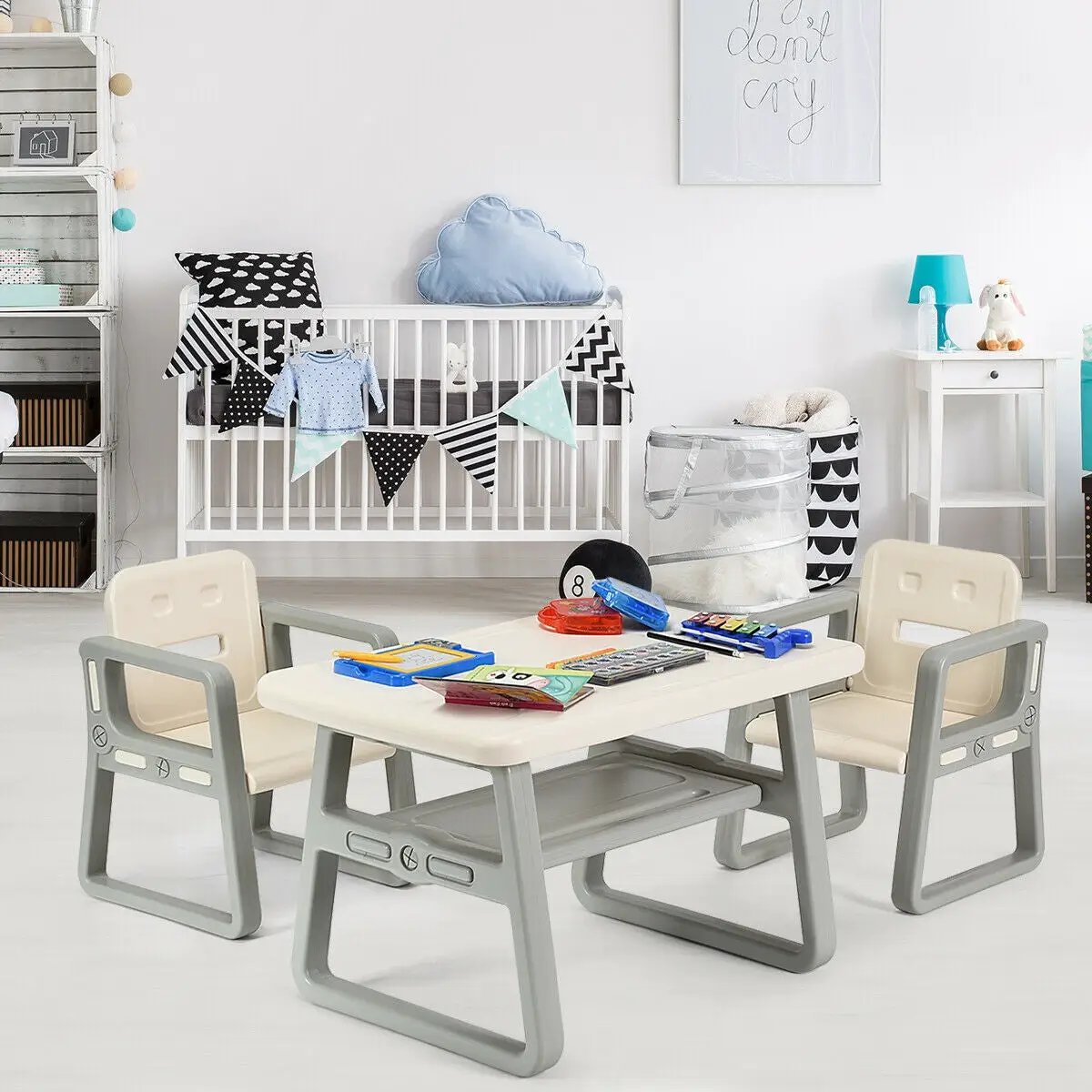 Kids Table and 2 Chairs Set with Storage Shelf-White by DirectDeals