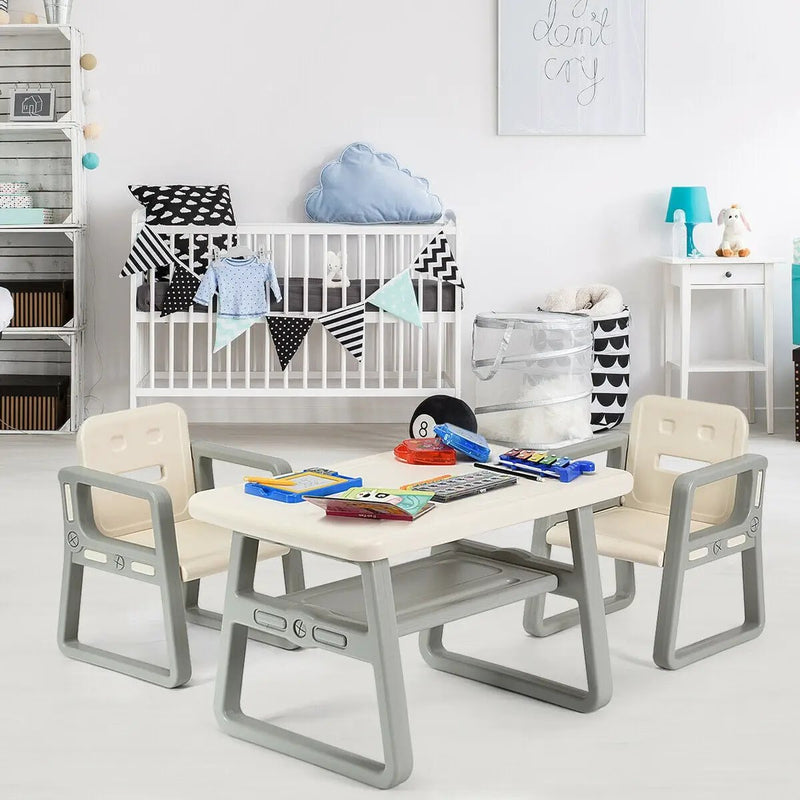 Kids Table and 2 Chairs Set with Storage Shelf-White by DirectDeals