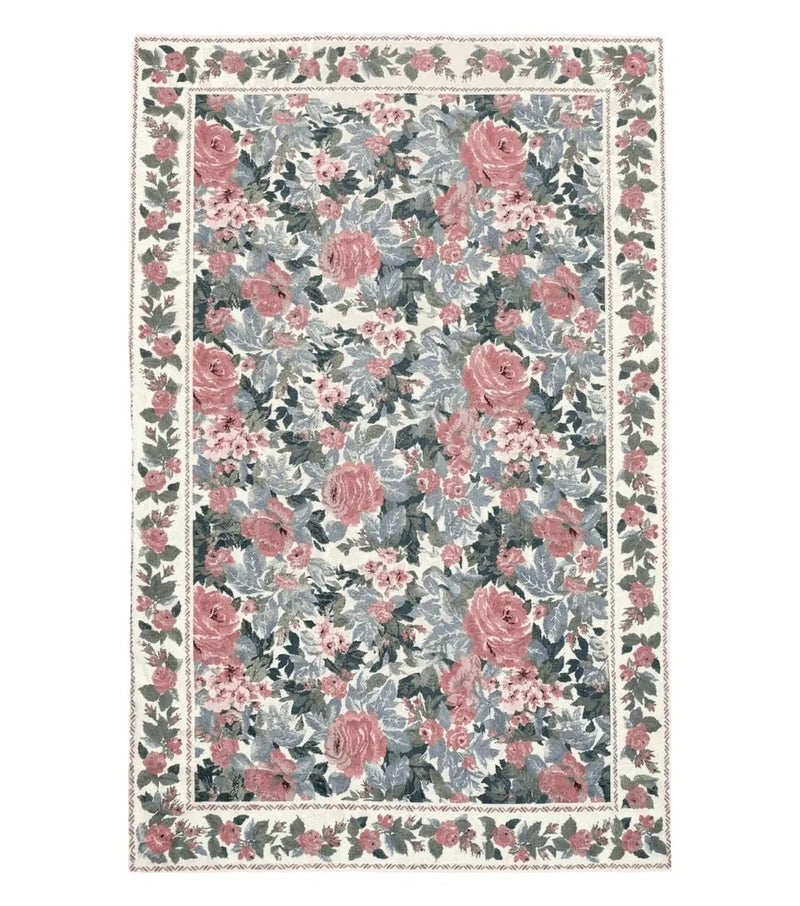 5x8 Needlepoint Rug 5' 4" x 8' 3" Wool Flat Weave Floral New Unused Carpet English Design Ivory Large Pink Flowers Green Leaves Hand-Knotted by Jewel Rugs