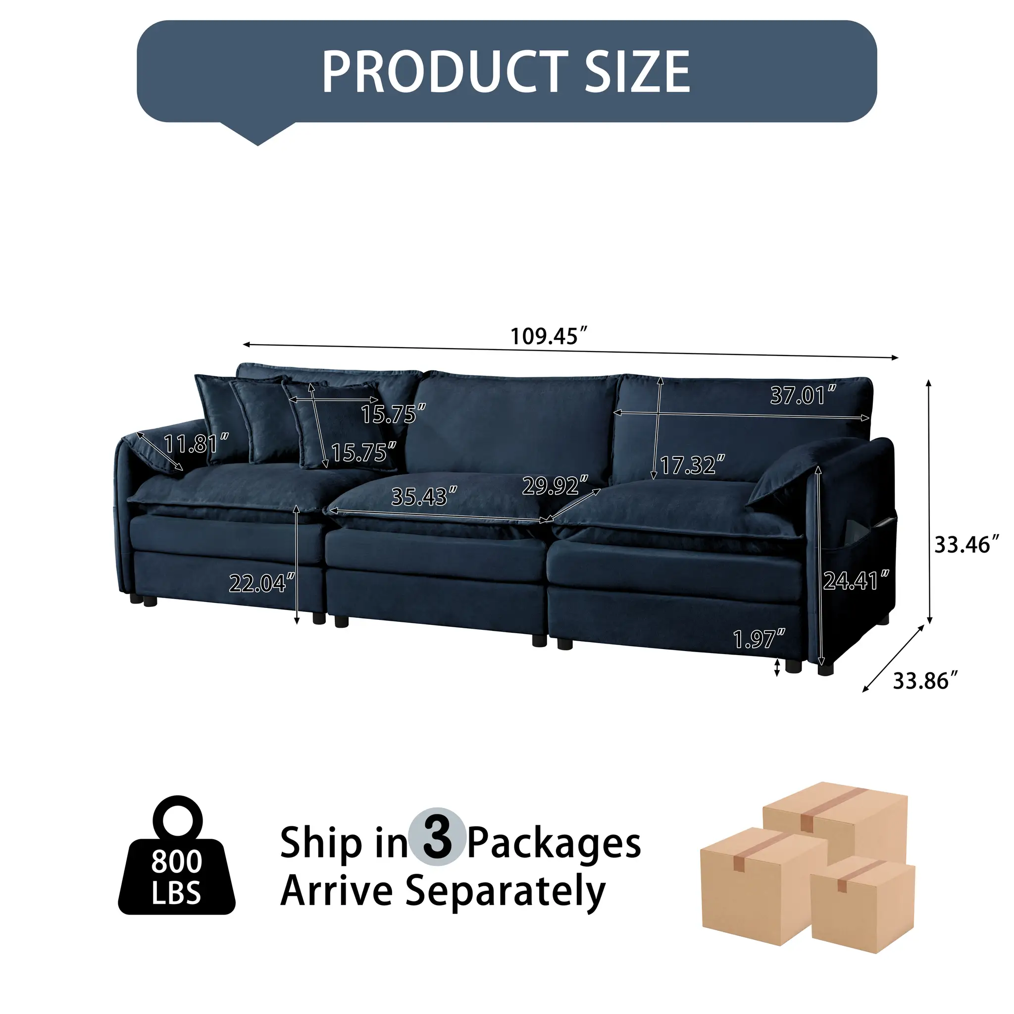 Oversized Deep Seat Sectional Sofa Modern Chenille Cloud Couch Large 3 Seater Modular Sofa with 3 Pillows by HouseOfZazla