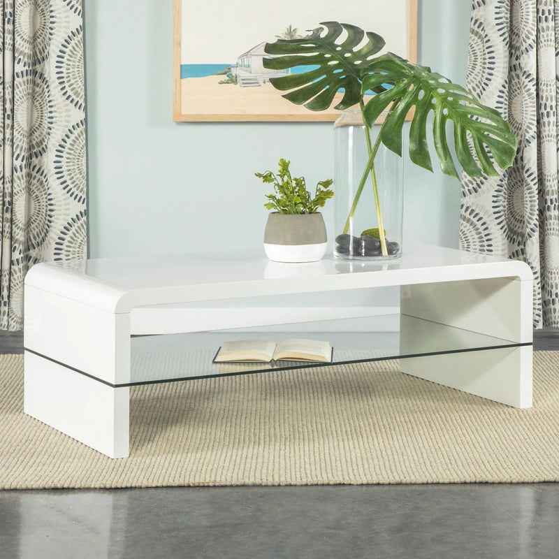 Airell Rectangular Coffee Table with Shelf White High Gloss by Unique Piece Furniture