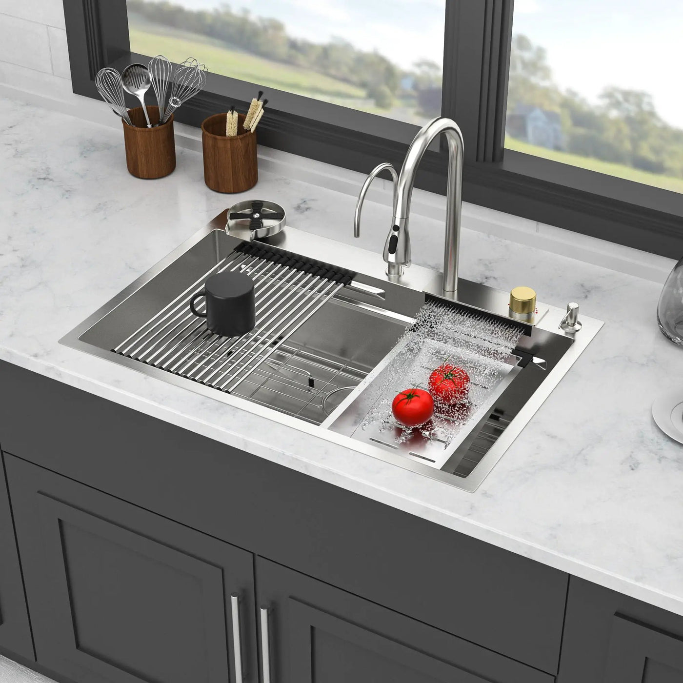 Waterfall Kitchen Sink With Pull Out Faucet & Cup Washer by HouseOfZazla