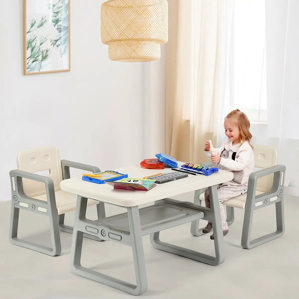 Kids Table and 2 Chairs Set with Storage Shelf-White by DirectDeals