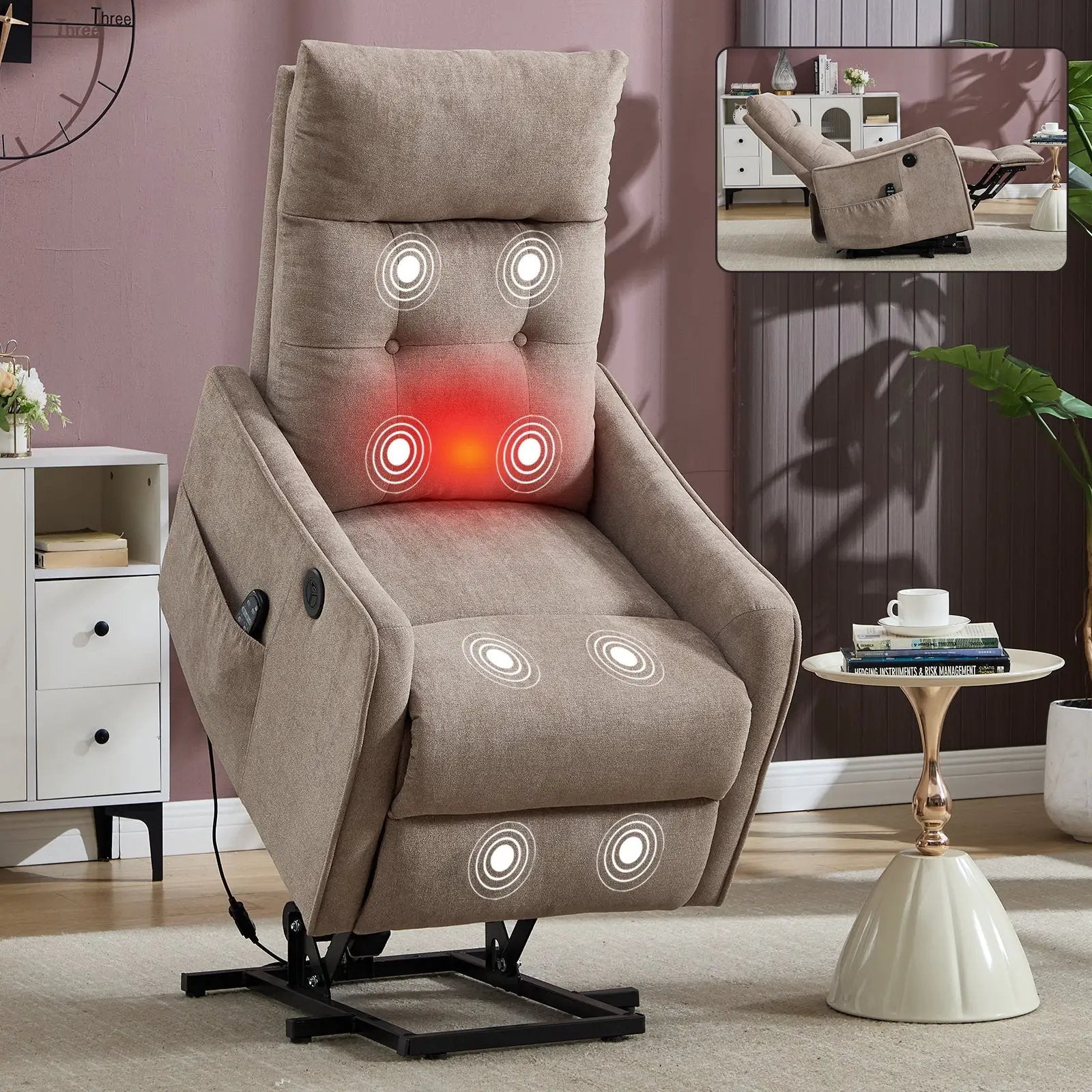 Khaki Chenille Power Lift Recliner Chair with Massage and Heat by HouseOfZazla