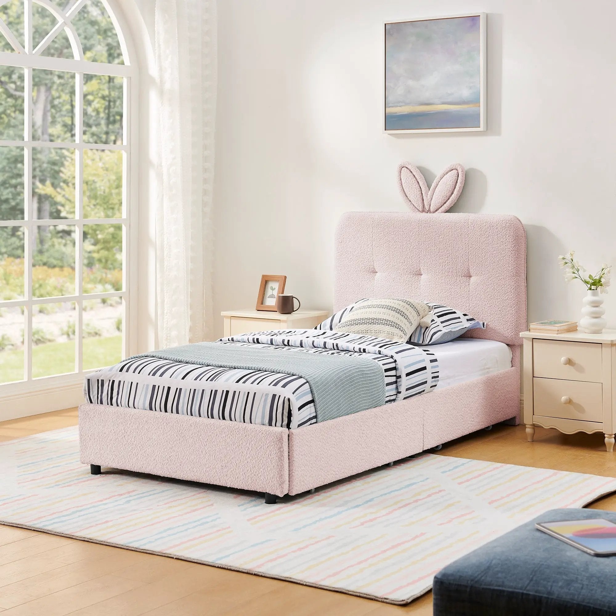 Twin Size Kids Upholstered Bed with Oversized Rabbit Ear Headboard by HouseOfZazla