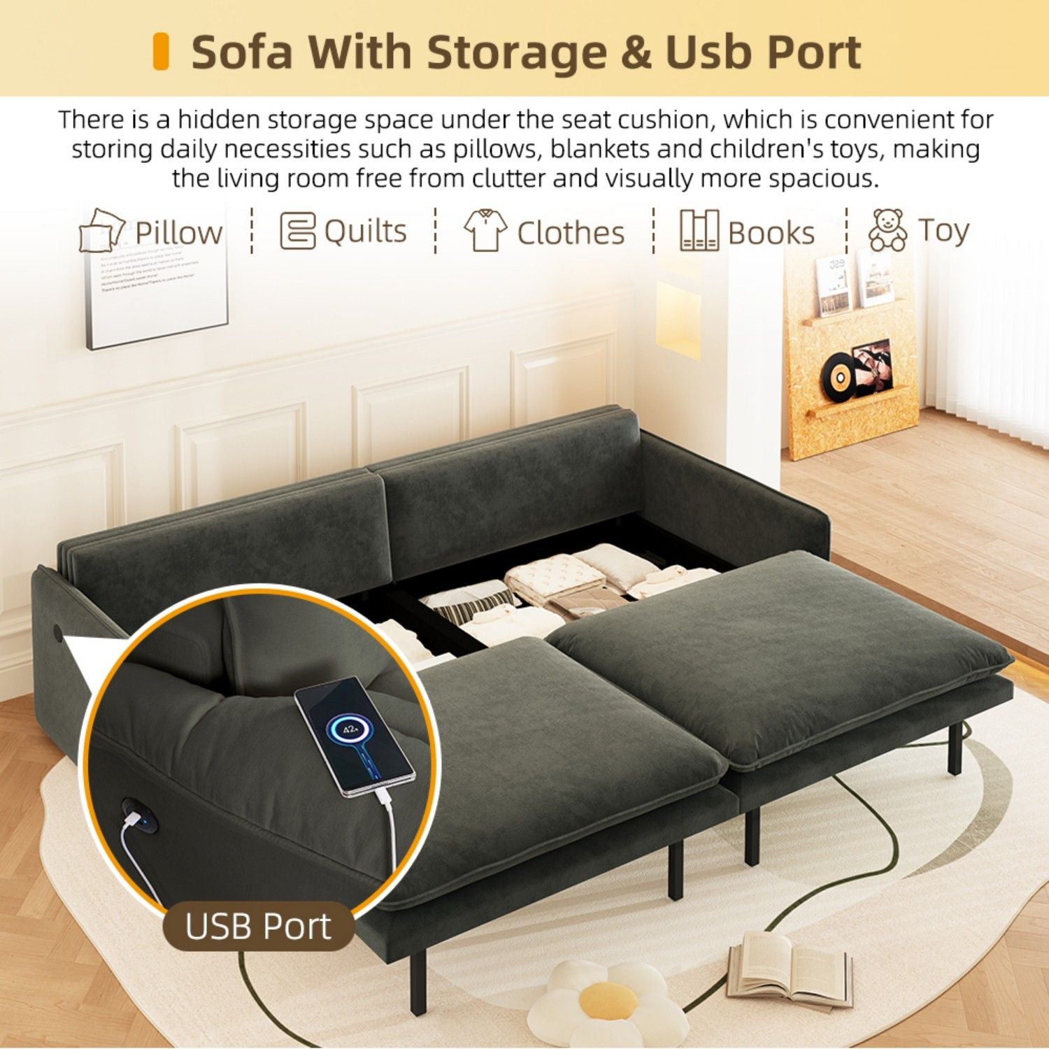 4 Seat Convertible Sleeper Sofa Bed, Modern With Storage by HouseOfZazla