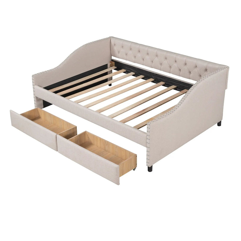 Upholstered Daybed With Two Drawers, Wood Slat Support by HouseOfZazla
