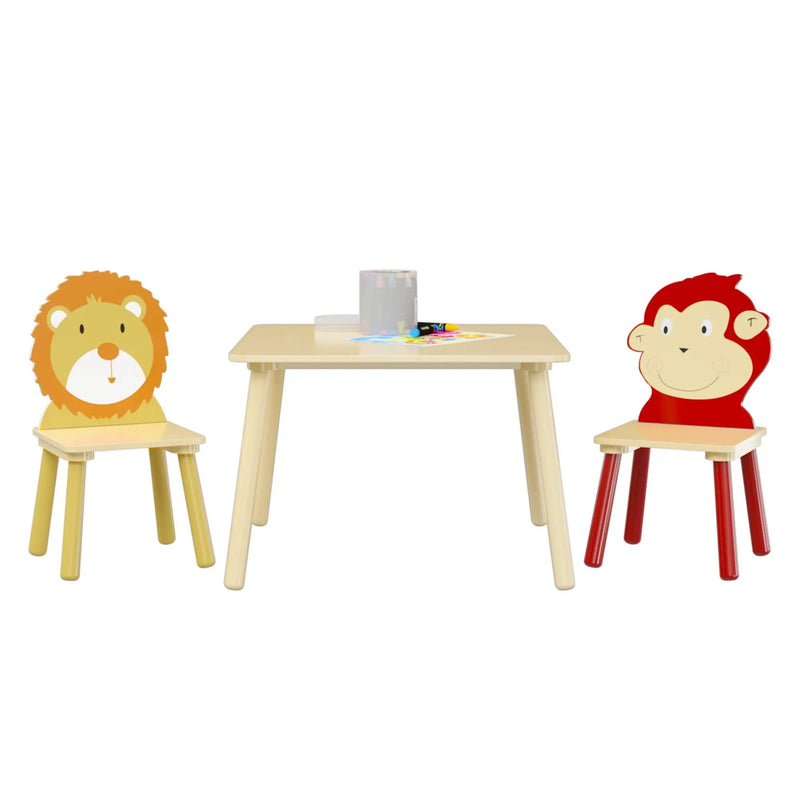 Kids Table And 2 Chairs Set, 3 Pieces Toddler Table And Chair Set, Wooden Activity Play Table Set (Lion&Monkey) - Natural by HouseOfZazla