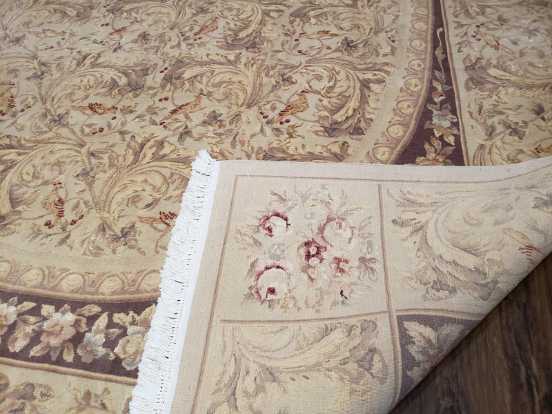 Chinese Aubusson Savonnerie Area Rug 8x12, Vintage 120 Line Carpet, Wool and Silk Hand-Knotted, Birds Flowers Master Weaver Signature by Jewel Rugs