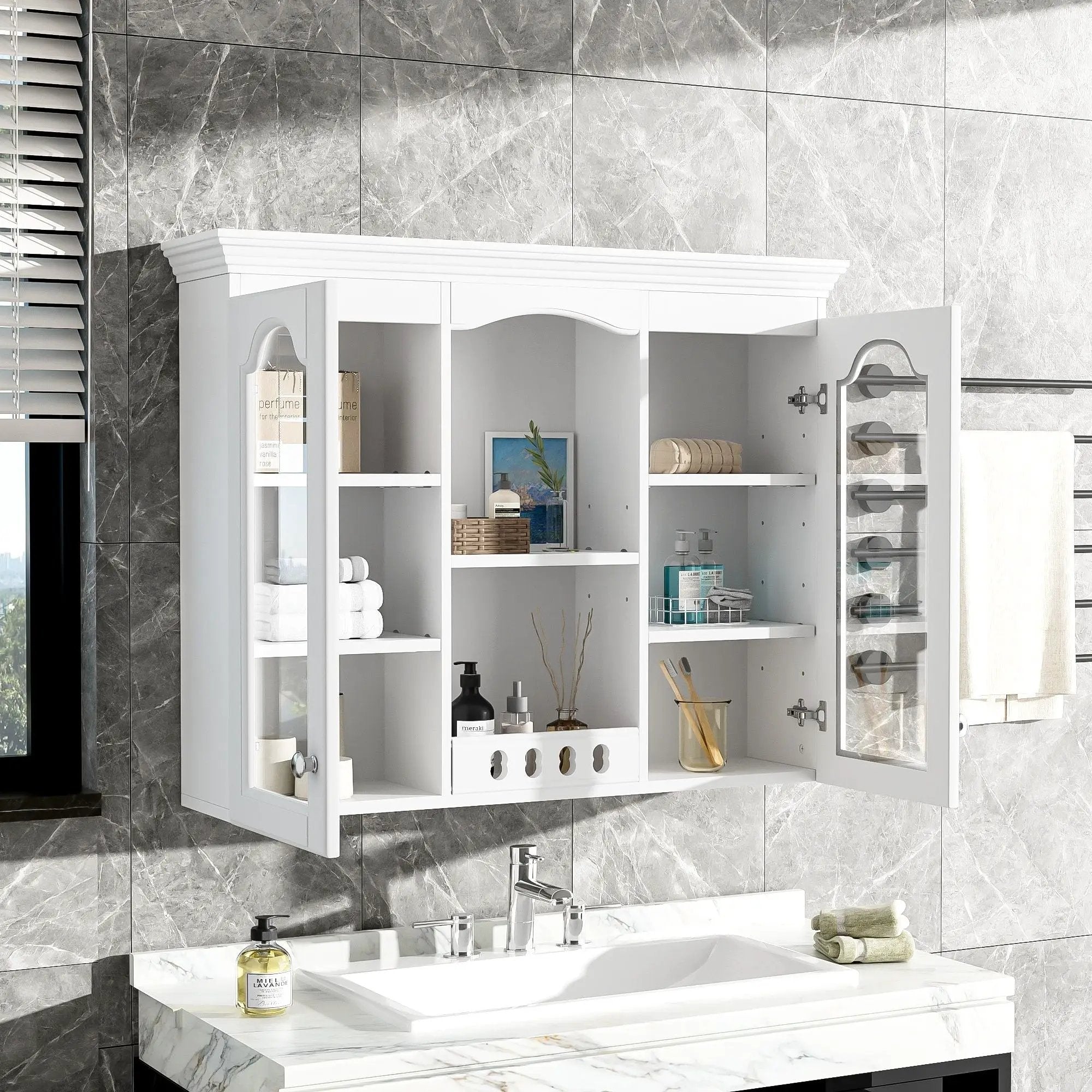 Wall-Mounted Medicine Cabinet With 2 Glass Doors, Adjustable Shelves - White by Unique Piece Furniture
