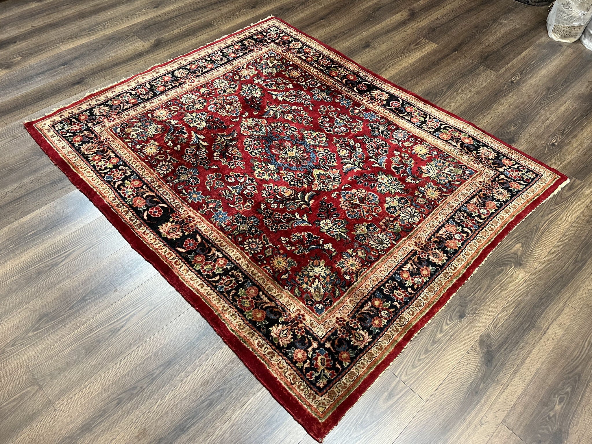 Persian Sarouk Rug 5x6, Hand Knotted Antique 1920s Sarouk, Red Navy Blue by Jewel Rugs