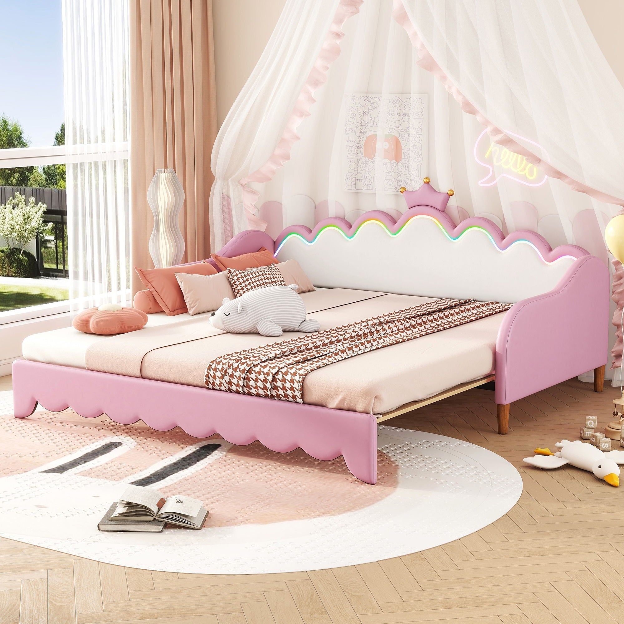 Extending Daybed With LED Lights, Modern Upholstered Princess Daybed With Crown Headboard by HouseOfZazla